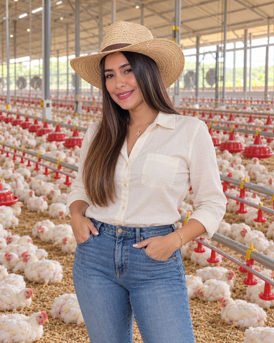 Avicultora sonriente dentro de su galpón de pollos